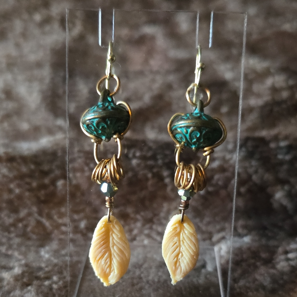 Artisan Gold and Green Leaf Earrings